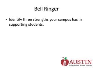 Bell Ringer
• Identify three strengths your campus has in
supporting students.
 