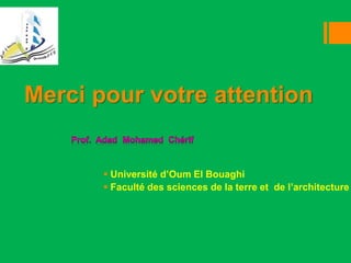 Merci pour votre attention
 Université d’Oum El Bouaghi
 Faculté des sciences de la terre et de l’architecture
 