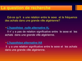 La question de recherche
Est-ce qu’il a une relation entre le sexe et la fréquence
des achats dans une grande ville algérienne?
L’hypothèse nulle alternative H₀
Il n’ y a pas de relation significative entre le sexe et les
achats dans une grande ville algérienne.
.
L’hypothèse alternative HA
Il y a une relation significative entre le sexe et les achats
dans une grande ville algérienne. .
 