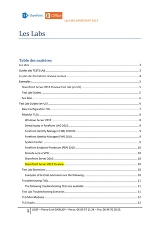 Les LABS SHAREPOINT 2013



Les Labs


Table des matières
Les sites ................................................................................................................................................... 3
Guides des TESTS LAB .............................................................................................................................. 3
Le plan des formations réseaux sociaux :................................................................................................ 4
Exemples :................................................................................................................................................ 5
   SharePoint Server 2013 Preview Test Lab (en-US) .............................................................................. 5
   Test Lab Guides ................................................................................................................................... 5
   See Also ............................................................................................................................................... 6
Test Lab Guides (en-US) .......................................................................................................................... 6
   Base Configuration TLG ....................................................................................................................... 7
   Modular TLGs ...................................................................................................................................... 8
       Windows Server 2012: .................................................................................................................... 8
       DirectAccess in Forefront UAG 2010: .............................................................................................. 8
       Forefront Identity Manager (FIM) 2010 R2: .................................................................................... 9
       Forefront Identity Manager (FIM) 2010: ......................................................................................... 9
       System Center: ................................................................................................................................ 9
       Forefront Endpoint Protection (FEP) 2010: ................................................................................... 10
       Remote access VPN: ...................................................................................................................... 10
       SharePoint Server 2010: ................................................................................................................ 10
       SharePoint Server 2013 Preview: .................................................................................................. 10
   Test Lab Extensions ........................................................................................................................... 10
       Examples of test lab extensions are the following: ....................................................................... 10
   Troubleshooting TLGs ........................................................................................................................ 11
       The following troubleshooting TLGs are available: ....................................................................... 11
   Test Lab Troubleshooting Scenarios.................................................................................................. 11
   TLG Mini-Modules ............................................................................................................................. 12
   TLG Stacks .......................................................................................................................................... 12

          1     UGSF – Pierre Erol GIRAUDY – Perso: 06 09 57 11 24 – Pro: 06 99 70 28 55.
 