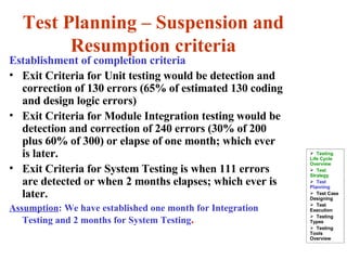 Establishment of completion criteria Exit Criteria for Unit testing would be detection and correction of 130 errors (65% of estimated 130 coding and design logic errors) Exit Criteria for Module Integration testing would be detection and correction of 240 errors (30% of 200 plus 60% of 300) or elapse of one month; which ever is later. Exit Criteria for System Testing is when 111 errors are detected or when 2 months elapses; which ever is later. Assumption : We have established one month for Integration Testing and 2 months for System Testing . Testing Life Cycle Overview Test Strategy  Test Planning Test Case Designing Test Execution Testing Types Testing Tools Overview Test Planning – Suspension and Resumption criteria 