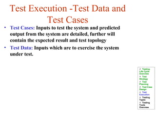 Test Execution -Test Data and Test Cases Test Cases:  Inputs to test the system and predicted output from the system are detailed, further will contain the expected result and test topology Test Data:  Inputs which are to exercise the system under test. Testing Life Cycle Overview Test Strategy  Test Planning Test Case Design Test Execution Testing Types Testing Tools Overview 