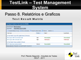 TestLink – Test Management
            System
Passo 8. Relatórios e Graficos
    T e s t R e s u lt M a t r ix




            Prof. Plácido Segundo - Arquiteto de Testes
                            CEUT - 2011
 