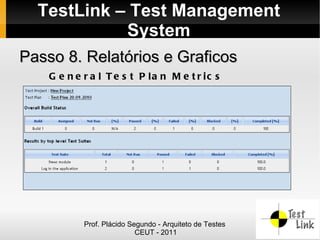 TestLink – Test Management
            System
Passo 8. Relatórios e Graficos
    G e n e r a l T e s t P la n M e t r ic s




            Prof. Plácido Segundo - Arquiteto de Testes
                            CEUT - 2011
 
