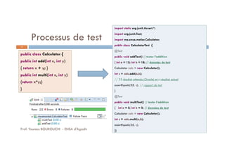 Processus de test
public class Calculator {
public int add(int x, int y)
{ return x + y; }
public int multi(int x, int y)
{return x*y;}
}
import static org.junit.Assert.*;
import org.junit.Test;
import ma.ensa.metier.Calculator;
public class CalculatorTest {
@Test
public void addTest() // tester l’addition
{ int a = 15; int b = 18; // données de test
Calculator calc = new Calculator();
int c = calc.add(a,b);
// 33 résultat attendu (Oracle) et c résultat actuel
assertEquals(33, c); // rapport de test
}
@Test
public void multiTest() // tester l’addition
{ int a = 5; int b = 5; // données de test
Calculator calc = new Calculator();
int c = calc.multi(a,b);
assertEquals(25, c);
}}
17
Prof. Youness BOUKOUCHI - ENSA d'Agadir
 