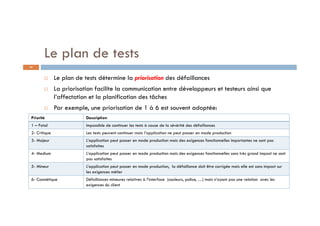 Le plan de tests
 Le plan de tests détermine la priorisation des défaillances
 La priorisation facilite la communication entre développeurs et testeurs ainsi que
l’affectation et la planification des tâches
 Par exemple, une priorisation de 1 à 6 est souvent adoptée:
Priorité Description
1 – Fatal Impossible de continuer les tests à cause de la sévérité des défaillances
2- Critique Les tests peuvent continuer mais l’application ne peut passer en mode production
3- Majeur L’application peut passer en mode production mais des exigences fonctionnelles importantes ne sont pas
satisfaites
4- Medium L’application peut passer en mode production mais des exigences fonctionnelles sans très grand impact ne sont
pas satisfaites
5- Mineur L’application peut passer en mode production, la défaillance doit être corrigée mais elle est sans impact sur
les exigences métier
6- Cosmétique Défaillances mineures relatives à l’interface (couleurs, police, …) mais n’ayant pas une relation avec les
exigences du client
43
 