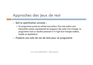 Approches des jeux de test
 Soit la spécification suivante :
 Un programme prend en entrée trois entiers. Ces trois entiers sont
interprétés comme représentant les longueurs des cotés d’un triangle. Le
programme rend un résultat précisant si il s’agit d’un triangle scalène,
isocèle ou équilatéral.
 Produire une suite de cas de tests pour ce programme
54
Prof. Youness BOUKOUCHI - ENSA d'Agadir
 