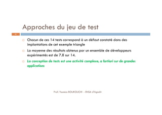 Approches du jeu de test
 Chacun de ces 14 tests correspond à un défaut constaté dans des
implantations de cet exemple triangle
 La moyenne des résultats obtenus par un ensemble de développeurs
expérimentés est de 7.8 sur 14.
 La conception de tests est une activité complexe, a fortiori sur de grandes
applications
56
Prof. Youness BOUKOUCHI - ENSA d'Agadir
 