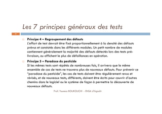 Les 7 principes généraux des tests
 Principe 4 – Regroupement des défauts
L’effort de test devrait être fixé proportionnellement à la densité des défauts
prévus et constatés dans les différents modules. Un petit nombre de modules
contiennent généralement la majorité des défauts détectés lors des tests pré-
livraison, ou affichent le plus de défaillances en opération.
 Principe 5 – Paradoxe du pesticide
Si les mêmes tests sont répétés de nombreuses fois, il arrivera que le même
ensemble de cas de tests ne trouvera plus de nouveaux défauts. Pour prévenir ce
“paradoxe du pesticide”, les cas de tests doivent être régulièrement revus et
révisés, et de nouveaux tests, différents, doivent être écrits pour couvrir d’autres
chemins dans le logiciel ou le système de façon à permettre la découverte de
nouveaux défauts.
60
Prof. Youness BOUKOUCHI - ENSA d'Agadir
 