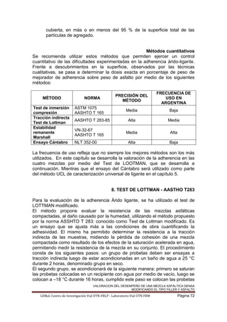 VALORACION DEL DESEMPEÑO DE UNA MEZCLA ASFÁLTICA DENSA
MODIFICANDO EL TIPO FILLER Y ASFALTO
LEMaC Centro de Investigación Vial UTN-FRLP - Laboratorio Vial UTN FRM Página 72
cubierta, en más o en menos del 95 % de la superficie total de las
partículas de agregado.
Métodos cuantitativos
Se recomienda utilizar estos métodos que permiten ejercer un control
cuantitativo de las dificultades experimentadas en la adherencia árido-ligante.
Frente a descubrimientos en la superficie, observados por las técnicas
cualitativas, se pasa a determinar la dosis exacta en porcentaje de peso de
mejorador de adherencia sobre peso de asfalto por medio de los siguientes
métodos:
MÉTODO NORMA
PRECISIÓN DEL
MÉTODO
FRECUENCIA DE
USO EN
ARGENTINA
Test de inmersión
compresión
ASTM 1075
AASHTO T 165
Media Baja
Tracción indirecta
Test de Lottman
AASHTO T 283-85 Alta Media
Estabilidad
remanente
Marshall
VN-32-67
AASHTO T 165
Media Alta
Ensayo Cántabro NLT 352-00 Alta Baja
La frecuencia de uso refleja que no siempre los mejores métodos son los más
utilizados. En este capítulo se desarrolla la valoración de la adherencia en las
cuatro mezclas por medio del Test de LOOTMAN, que se desarrolla a
continuación. Mientras que el ensayo del Cántabro será utilizado como parte
del método UCL de caracterización universal de ligante en el capítulo 5.
8. TEST DE LOTTMAN - AASTHO T283
Para la evaluación de la adherencia Árido ligante, se ha utilizado el test de
LOTTMAN modificado.
El método propone evaluar la resistencia de las mezclas asfálticas
compactadas, al daño causado por la humedad, utilizando el método propuesto
por la norma ASSHTO T 283: conocido como Test de Lottman modificado. Es
un ensayo que se ajusta más a las condiciones de obra cuantificando la
adhesividad. El mismo ha permitido determinar la resistencia a la tracción
indirecta de las muestras, midiendo la pérdida de cohesión de una mezcla
compactada como resultado de los efectos de la saturación acelerada en agua,
permitiendo medir la resistencia de la mezcla en su conjunto. El procedimiento
consta de los siguientes pasos: un grupo de probetas deben ser ensayas a
tracción indirecta luego de estar acondicionadas en un baño de agua a 25 °C
durante 2 horas, denominado grupo en seco.
El segundo grupo, se acondicionará de la siguiente manera: primero se saturan
las probetas colocadas en un recipiente con agua por medio de vacío, luego se
colocan a –18 °C durante 16 horas, cumplido este paso se colocan las probetas
 