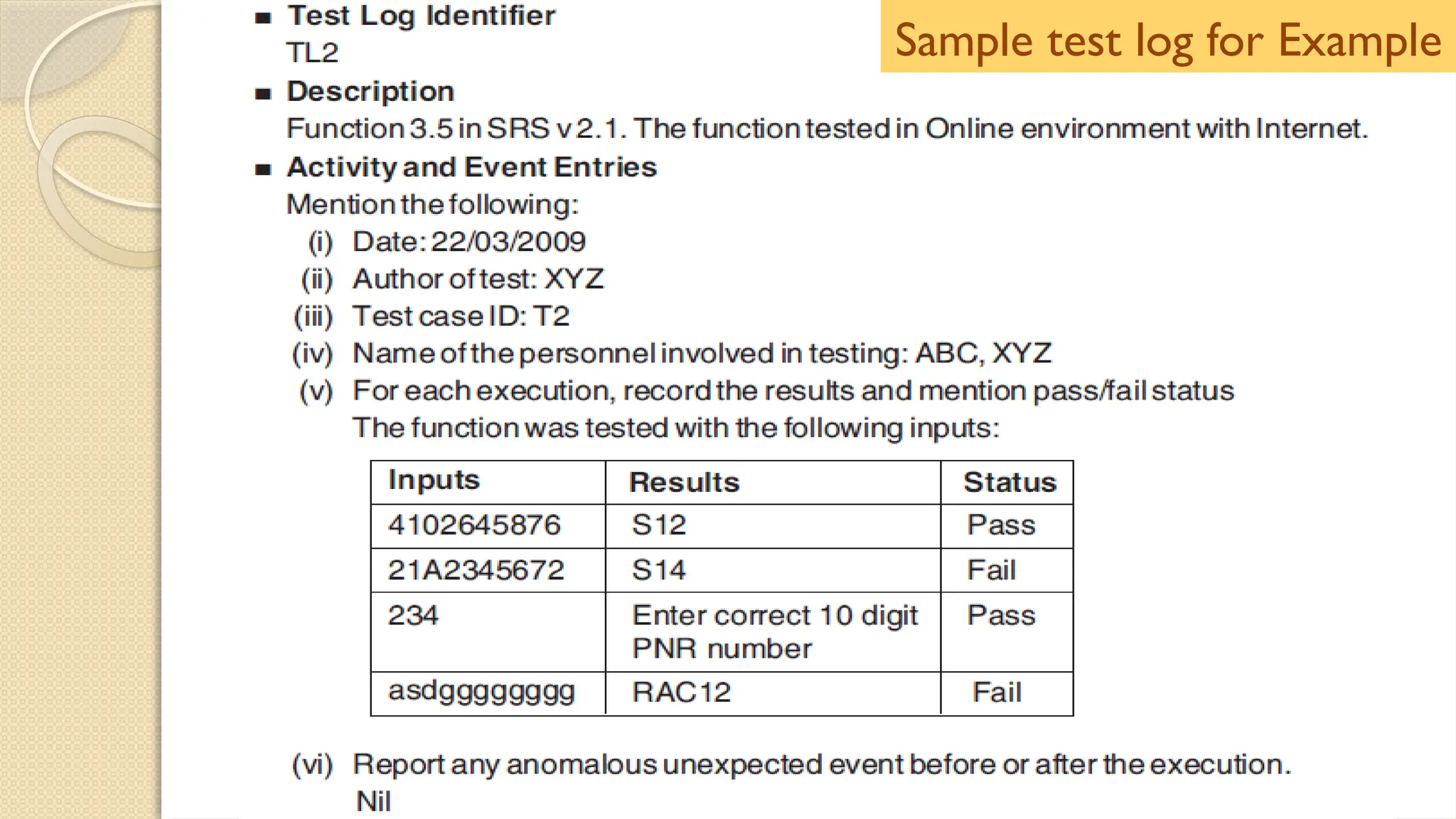 Sample test log for Example
 
