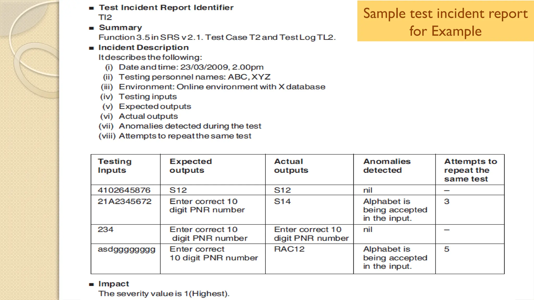 Sample test incident report
for Example
 