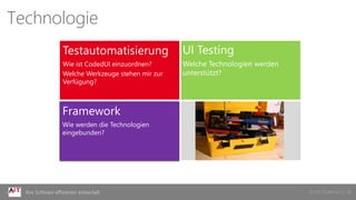 © AIT GmbH & Co. KGIhre Software effizienter entwickelt
Technologie
Testautomatisierung
Wie ist CodedUI einzuordnen?
Welche Werkzeuge stehen mir zur
Verfügung?
Welche Technologien werden
unterstützt?
UI Testing
Framework
Wie werden die Technologien
eingebunden?
 