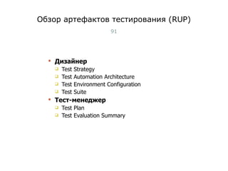 Обзор артефактов тестирования  (RUP) Дизайнер Test Strategy Test Automation Architecture Test Environment Configuration Test Suite Тест-менеджер Test Plan Test Evaluation Summary  Тест-менеджмент 