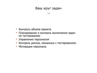 Ваш круг задач Контроль объема проекта Планирование и контроль выполнения задач по тестированию Управление персоналом Контроль рисков, связанных с тестированием Мотивация персонала Тест-менеджмент 