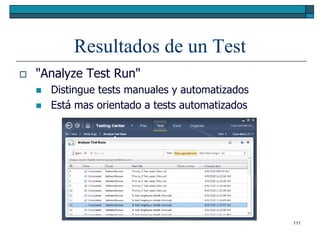 Resultados de un Test
   "Analyze Test Run"
       Distingue tests manuales y automatizados
       Está mas orientado a tests automatizados




                                                   111
 