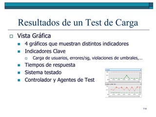 Resultados de un Test de Carga
   Vista Gráfica
       4 gráficos que muestran distintos indicadores
       Indicadores Clave
           Carga de usuarios, errores/sg, violaciones de umbrales,…
       Tiempos de respuesta
       Sistema testado
       Controlador y Agentes de Test




                                                                       114
 
