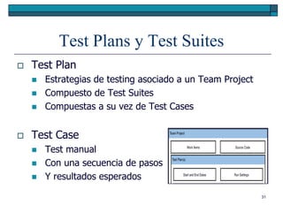 Test Plans y Test Suites
   Test Plan
       Estrategias de testing asociado a un Team Project
       Compuesto de Test Suites
       Compuestas a su vez de Test Cases


   Test Case
       Test manual
       Con una secuencia de pasos
       Y resultados esperados
                                                            31
 