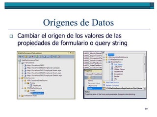 Orígenes de Datos
   Cambiar el origen de los valores de las
    propiedades de formulario o query string




                                               59
 