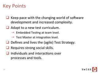Key	
  Points	
  
q  Keep	
  pace	
  with	
  the	
  changing	
  world	
  of	
  soiware	
  
development	
  and	
  increased	
  complexity.	
  
q  Adapt	
  to	
  a	
  new	
  test	
  curriculum.	
  
→  Embedded	
  TesJng	
  at	
  team	
  level.	
  
→  Test	
  Master	
  at	
  integraJon	
  level.	
  
q  Deﬁnes	
  and	
  lives	
  the	
  (agile)	
  Test	
  Strategy.	
  
q  Requires	
  strong	
  social	
  skills.	
  
q  Individuals	
  and	
  interacJons	
  over	
  	
  
processes	
  and	
  tools.	
  
25	
  
 