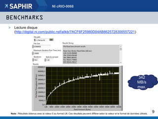 BENCHMARKS
> Lecture disque
(http://digital.ni.com/public.nsf/allkb/7ACF6F25980D04AB8625728300557221)
NI cRIO-9068
9
342
MB/s
max.
 
