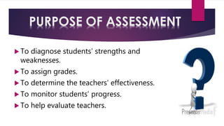  To diagnose students’ strengths and
weaknesses.
 To assign grades.
 To determine the teachers’ effectiveness.
 To monitor students’ progress.
 To help evaluate teachers.
 