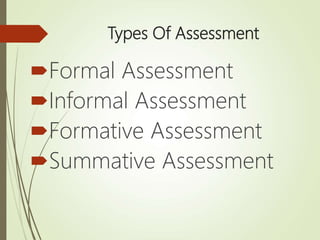 Types Of Assessment
Formal Assessment
Informal Assessment
Formative Assessment
Summative Assessment
 