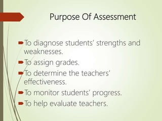 Purpose Of Assessment
To diagnose students’ strengths and
weaknesses.
To assign grades.
To determine the teachers’
effectiveness.
To monitor students’ progress.
To help evaluate teachers.
 