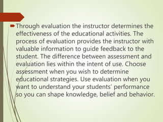 Through evaluation the instructor determines the
effectiveness of the educational activities. The
process of evaluation provides the instructor with
valuable information to guide feedback to the
student. The difference between assessment and
evaluation lies within the intent of use. Choose
assessment when you wish to determine
educational strategies. Use evaluation when you
want to understand your students’ performance
so you can shape knowledge, belief and behavior.
 