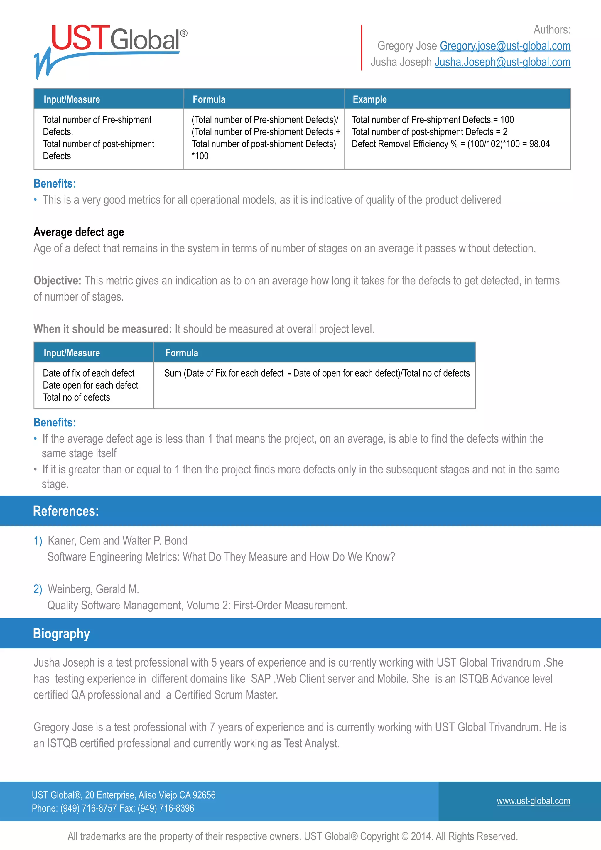 UST Global®, 20 Enterprise, Aliso Viejo CA 92656
Phone: (949) 716-8757 Fax: (949) 716-8396
www.ust-global.com
Authors:
Gregory Jose Gregory.jose@ust-global.com
Jusha Joseph Jusha.Joseph@ust-global.com
All trademarks are the property of their respective owners. UST Global® Copyright © 2014. All Rights Reserved.
Input/Measure
Total number of Pre-shipment
Defects.
Total number of post-shipment
Defects
(Total number of Pre-shipment Defects)/
(Total number of Pre-shipment Defects +
Total number of post-shipment Defects)
*100
Total number of Pre-shipment Defects.= 100
Total number of post-shipment Defects = 2
Defect Removal Efficiency % = (100/102)*100 = 98.04
Formula Example
Input/Measure
Date of fix of each defect
Date open for each defect
Total no of defects
Sum (Date of Fix for each defect - Date of open for each defect)/Total no of defects
Formula
Benefits:
• This is a very good metrics for all operational models, as it is indicative of quality of the product delivered
Average defect age
Age of a defect that remains in the system in terms of number of stages on an average it passes without detection.
Objective: This metric gives an indication as to on an average how long it takes for the defects to get detected, in terms
of number of stages.
When it should be measured: It should be measured at overall project level.
Benefits:
• If the average defect age is less than 1 that means the project, on an average, is able to find the defects within the
same stage itself
• If it is greater than or equal to 1 then the project finds more defects only in the subsequent stages and not in the same
stage.
1) Kaner, Cem and Walter P. Bond
Software Engineering Metrics: What Do They Measure and How Do We Know?
2) Weinberg, Gerald M.
Quality Software Management, Volume 2: First-Order Measurement.
Jusha Joseph is a test professional with 5 years of experience and is currently working with UST Global Trivandrum .She
has testing experience in different domains like SAP ,Web Client server and Mobile. She is an ISTQB Advance level
certified QA professional and a Certified Scrum Master.
Gregory Jose is a test professional with 7 years of experience and is currently working with UST Global Trivandrum. He is
an ISTQB certified professional and currently working as Test Analyst.
References:
Biography
 