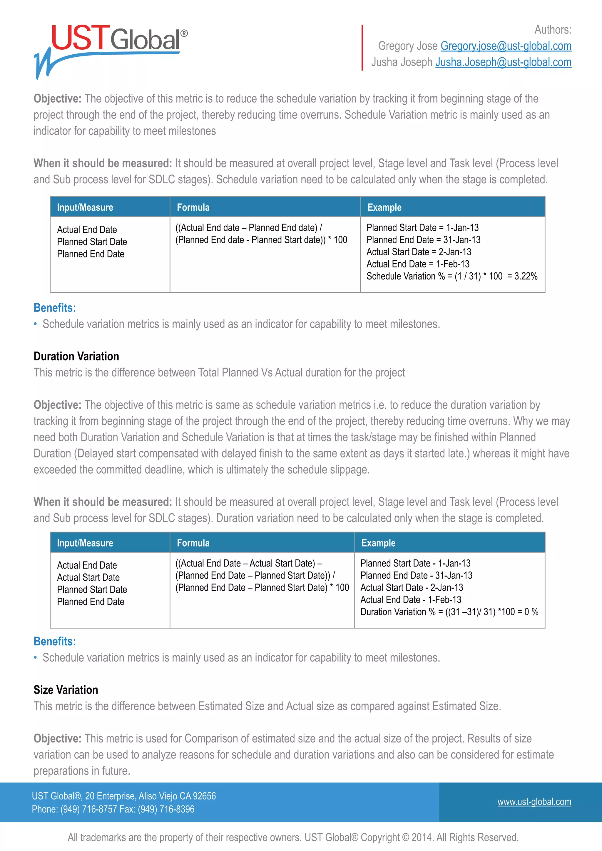 UST Global®, 20 Enterprise, Aliso Viejo CA 92656
Phone: (949) 716-8757 Fax: (949) 716-8396
www.ust-global.com
Authors:
Gregory Jose Gregory.jose@ust-global.com
Jusha Joseph Jusha.Joseph@ust-global.com
All trademarks are the property of their respective owners. UST Global® Copyright © 2014. All Rights Reserved.
Input/Measure
Actual End Date
Planned Start Date
Planned End Date
((Actual End date – Planned End date) /
(Planned End date - Planned Start date)) * 100
Planned Start Date = 1-Jan-13
Planned End Date = 31-Jan-13
Actual Start Date = 2-Jan-13
Actual End Date = 1-Feb-13
Schedule Variation % = (1 / 31) * 100 = 3.22%
Formula Example
Input/Measure
Actual End Date
Actual Start Date
Planned Start Date
Planned End Date
((Actual End Date – Actual Start Date) –
(Planned End Date – Planned Start Date)) /
(Planned End Date – Planned Start Date) * 100
Planned Start Date - 1-Jan-13
Planned End Date - 31-Jan-13
Actual Start Date - 2-Jan-13
Actual End Date - 1-Feb-13
Duration Variation % = ((31 –31)/ 31) *100 = 0 %
Formula Example
Objective: The objective of this metric is to reduce the schedule variation by tracking it from beginning stage of the
project through the end of the project, thereby reducing time overruns. Schedule Variation metric is mainly used as an
indicator for capability to meet milestones
When it should be measured: It should be measured at overall project level, Stage level and Task level (Process level
and Sub process level for SDLC stages). Schedule variation need to be calculated only when the stage is completed.
Benefits:
• Schedule variation metrics is mainly used as an indicator for capability to meet milestones.
Duration Variation
This metric is the difference between Total Planned Vs Actual duration for the project
Objective: The objective of this metric is same as schedule variation metrics i.e. to reduce the duration variation by
tracking it from beginning stage of the project through the end of the project, thereby reducing time overruns. Why we may
need both Duration Variation and Schedule Variation is that at times the task/stage may be finished within Planned
Duration (Delayed start compensated with delayed finish to the same extent as days it started late.) whereas it might have
exceeded the committed deadline, which is ultimately the schedule slippage.
When it should be measured: It should be measured at overall project level, Stage level and Task level (Process level
and Sub process level for SDLC stages). Duration variation need to be calculated only when the stage is completed.
Benefits:
• Schedule variation metrics is mainly used as an indicator for capability to meet milestones.
Size Variation
This metric is the difference between Estimated Size and Actual size as compared against Estimated Size.
Objective: This metric is used for Comparison of estimated size and the actual size of the project. Results of size
variation can be used to analyze reasons for schedule and duration variations and also can be considered for estimate
preparations in future.
 