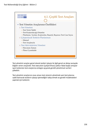 Test Mühendisliği Giriş Eğitimi - Bölüm 2

Test yönetimi araçları genel olarak testleri işleyişi ile ilgili genel ve detay seviyede
bilgiler veren araçlardır. Test execution (çalıştırılması) yoktur fakat başka amaçlar
iççin kullanılan test araçlarına entegre açışarak gerekli yönetimsel verileri
çekebilir.
Test yönetimi araçlarının esas amacı test sürecini yönetmek yani test planına
sadık kalınarak testlerin işleyip işlemediğini takip etmek ve gerekli müdehaleleri
yapmak için kullanılır.

136

 
