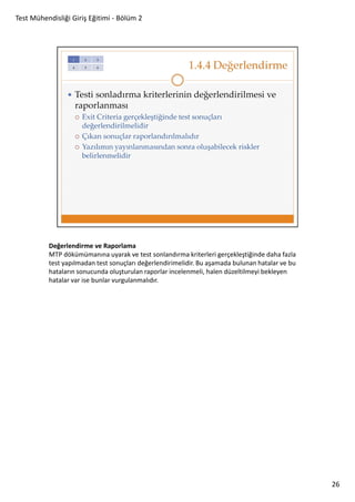 Test Mühendisliği Giriş Eğitimi - Bölüm 2

Değerlendirme ve Raporlama
MTP dökümümanına uyarak ve test sonlandırma kriterleri gerçekleştiğinde daha fazla
test yapılmadan test sonuçları değerlendirimelidir. Bu aşamada bulunan hatalar ve bu
hataların sonucunda oluşturulan raporlar incelenmeli, halen düzeltilmeyi bekleyen
hatalar var ise bunlar vurgulanmalıdır.

26

 