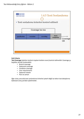 Test Mühendisliği Giriş Eğitimi - Bölüm 2

Exit Criteria
Test Coverage (işletilen testlerin toplam testlere oranı) kontrol edilmelidir. Coverage şu
başlıklar altında incelenebilir:
• Branch coverage
• Statement coverage
• Condition coverage
• User requirements
• Saptanan hatalar
• Para ve zaman
Eğer süreç sonunda testi sonlandırma kriterleri yeterli değil ise tekrar test detaylarına
bakılarak süreç yeniden işletilmelidir.

27

 