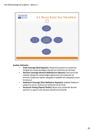 Test Mühendisliği Giriş Eğitimi - Bölüm 2

Anahtar Kelimeler
•
Code Coverage (Kod Kapsamı): Hangi kod parçalarının çalıştırılıp
hangilerinin çalıştırılmadığını ölçmek için kullanılan bir birimdir.
•
Decision Coverage (Kontrol Noktalarının Kapsamı): Kod içerisinde
nekadar döngünün çalıştırıldığını göstermek için kullanılan bir
birimdir. Çalıştırılan toplam döngülerin koddaki tüm döngülere oranı
ile bulunur
•
Statement Coverage (Tüm Noktoların Kapsamı): koddaki ifadelerin
çalıştırma oranını bulmak için kullanılan bir birimdir.
•
Structural Testing (Yapısal Testler): Beyaz kutu testleride denilen
yazılımın iç yapısını test etmeye yönelik test teslerdir.

89

 