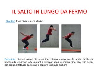 IL SALTO IN LUNGO DA FERMO
 Obiettivo: forza dinamica arti inferiori




Esecuzione: disporsi in piedi dietro una linea, piegare leggermente le gambe, oscillare le
braccia ed eseguire un salto in avanti a piedi pari sopra un materassino. Cadere in piedi e
non seduti. Effettuare due prove e segnare la misura migliore
 
