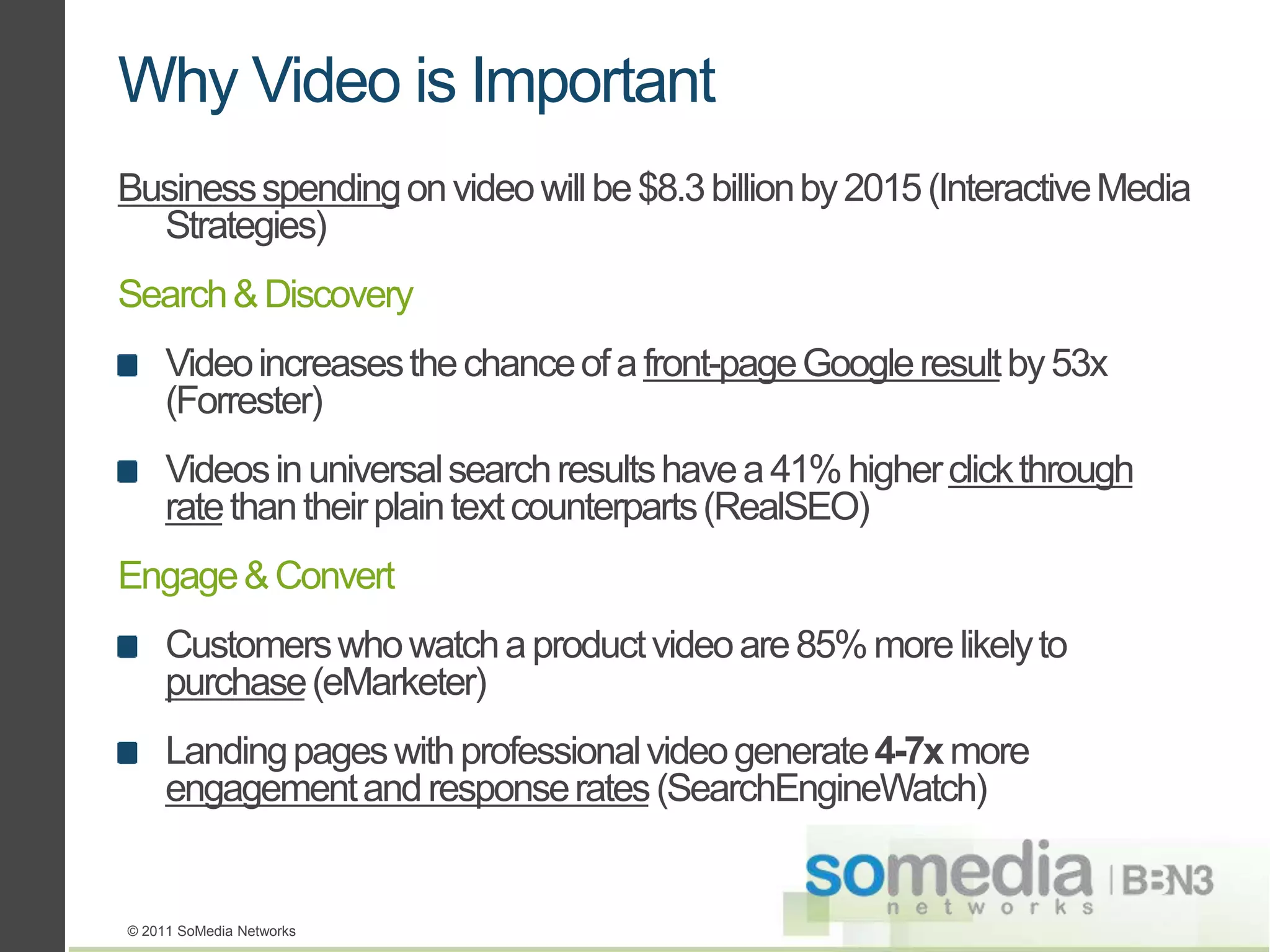 Why Video is Important
Business spending on video will be $8.3 billion by 2015 (Interactive Media
  Strategies)
Search & Discovery
     Video increases the chance of a front-page Google result by 53x
     (Forrester)
     Videos in universal search results have a 41% higher click through
     rate than their plain text counterparts (RealSEO)
Engage & Convert
     Customers who watch a product video are 85% more likely to
     purchase (eMarketer)
     Landing pages with professional video generate 4-7x more
     engagement and response rates (SearchEngineWatch)


© 2011 SoMedia Networks
 