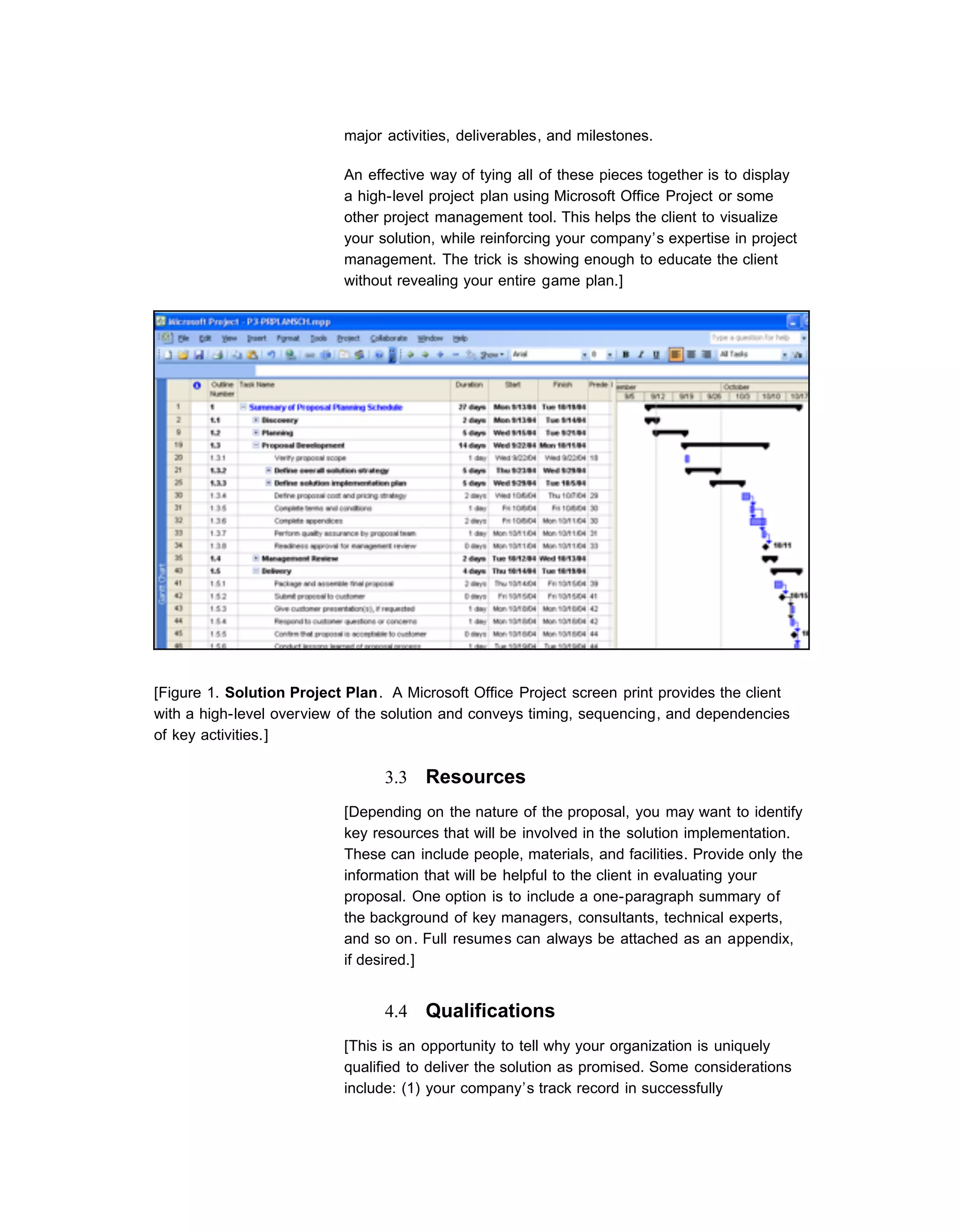 major activities, deliverables, and milestones.

                           An effective way of tying all of these pieces together is to display
                           a high-level project plan using Microsoft Office Project or some
                           other project management tool. This helps the client to visualize
                           your solution, while reinforcing your company’s expertise in project
                           management. The trick is showing enough to educate the client
                           without revealing your entire game plan.]




[Figure 1. Solution Project Plan. A Microsoft Office Project screen print provides the client
with a high-level overview of the solution and conveys timing, sequencing, and dependencies
of key activities.]

                                 3.3   Resources
                           [Depending on the nature of the proposal, you may want to identify
                           key resources that will be involved in the solution implementation.
                           These can include people, materials, and facilities. Provide only the
                           information that will be helpful to the client in evaluating your
                           proposal. One option is to include a one-paragraph summary of
                           the background of key managers, consultants, technical experts,
                           and so on. Full resumes can always be attached as an appendix,
                           if desired.]


                                 4.4   Qualifications
                           [This is an opportunity to tell why your organization is uniquely
                           qualified to deliver the solution as promised. Some considerations
                           include: (1) your company’s track record in successfully
 