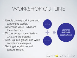 Agile Development Consulting BVcopyright(©) 2014
WORKSHOP OUTLINE
• Identify coming sprint goal and
supporting stories.
• Determine value - what are
the outcomes?
• Discuss acceptance criteria –
what are the outputs?
• Break up into groups and write
acceptance examples
• Get together, discuss and
capture results.
 