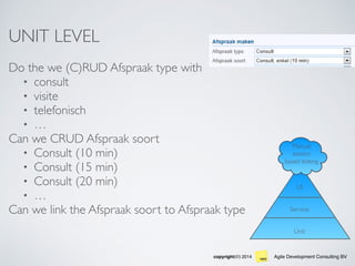 Agile Development Consulting BVcopyright(©) 2014
Unit
Service
UI
Manual
session
based testing
UNIT LEVEL
Do the we (C)RUD Afspraak type with
• consult
• visite
• telefonisch
• …
Can we CRUD Afspraak soort
• Consult (10 min)
• Consult (15 min)
• Consult (20 min)
• …
Can we link the Afspraak soort to Afspraak type
 