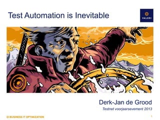 Test Automation is Inevitable

Derk-Jan de Grood
Testnet voorjaarsevement 2013
1

 