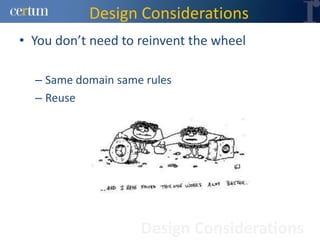 Design Considerations
• You don’t need to reinvent the wheel

  – Same domain same rules
  – Reuse




                    Design Considerations
 