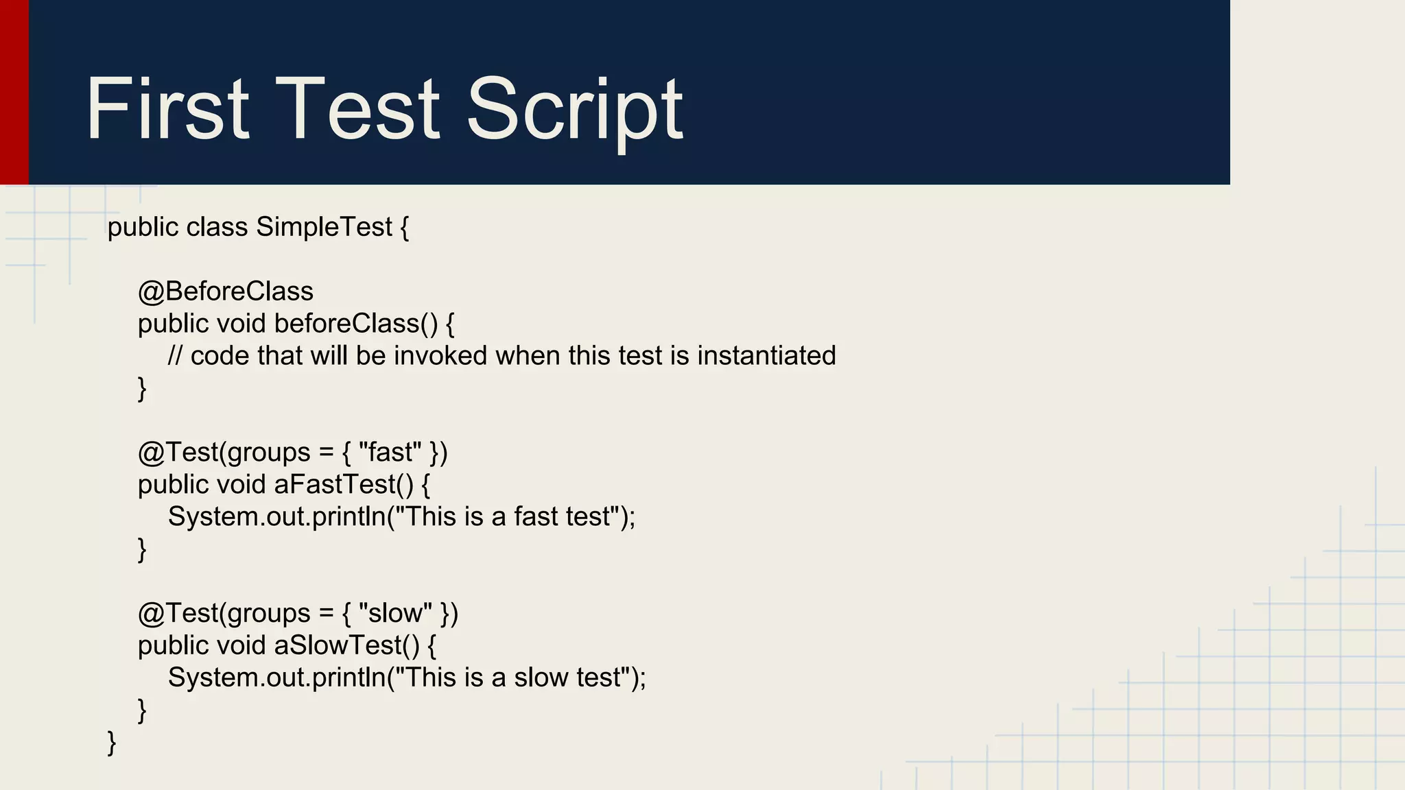 First Test Script
public class SimpleTest {
@BeforeClass
public void beforeClass() {
// code that will be invoked when this test is instantiated
}
@Test(groups = { "fast" })
public void aFastTest() {
System.out.println("This is a fast test");
}
@Test(groups = { "slow" })
public void aSlowTest() {
System.out.println("This is a slow test");
}
}
 