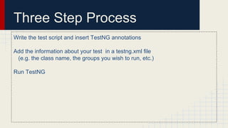 Three Step Process
Write the test script and insert TestNG annotations
Add the information about your test in a testng.xml file
(e.g. the class name, the groups you wish to run, etc.)
Run TestNG
 