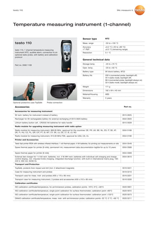 testo 110                                                                                                                           We measure it.




Temperature measuring instrument (1-channel)


                                                                                        Sensor type                  NTC

  testo 110                                                                             Meas. range                  -50 to +150 °C

                                                                                        Accuracy                     ±0.2 °C (-20 to +80 °C)
  testo 110, 1 channel temperature measuring                                            ±1 digit                     ±0.3 °C (remaining range)
  instrument NTC, audible alarm, connection to an                                       Resolution                   0.1 °C
  optional radio probe, with battery and calibration
  protocol
                                                                                        General technical data
                                                                                        Storage temp.                -40 to +70 °C
  Part no. 0560 1108
                                                                                        Oper. temp.                  -20 to +50 °C

                                                                                        Battery type                 9V block battery, 6F22

                                                                                        Battery life                 200 h (connected probe, backlight oﬀ)
                                                                                                                     45 h (radio mode, backlight oﬀ)
                                                                                                                     68 h (connected probe, backlight always on)
                                                                                                                     33 h (radio mode, backlight always on)

                                                                                        Weight                       171 g

                                                                                        Dimensions                   182 x 64 x 40 mm

                                                                                        Material/Housing             ABS

                                                                                        Warranty                     2 years

Optional protective case TopSafe           Probe connection

  Accessories                                                                                                                              Part no.

  Accessories for measuring instrument

  9V rech. battery for instrument instead of battery                                                                                      0515 0025

  Recharger for 9V rechargeable battery for external recharging of 0515 0025 battery                                                      0554 0025

  Lithium battery button cell , CR2032 AA batteries for radio handle                                                                      0515 0028

  Radio module for upgrading measuring instrument with radio option

  Radio module for measuring instrument, 869.85 MHz, approval for the countries: DE, FR, UK, BE, NL, ES, IT, SE, AT,                      0554 0188
  DK, FI, HU, CZ, PL, GR, CH, PT, SI, MT, CY, SK, LU, EE, LT, IE, LV, NO
  Radio module for measuring instrument, 915.00 MHz FSK, approval for USA, CA, CL                                                         0554 0190

  Printer and Accessories

  Testo fast printer IRDA with wireless infrared interface; 1 roll thermal paper; 4 AA batteries; for printing out measurements on site   0554 0549

  Spare thermal paper for printer (6 rolls), permanent ink; measurement data documentation legible for up to 10 years                     0554 0568


  Spare thermal paper for printer (6 rolls)                                                                                               0554 0569
  External fast charger for 1-4 AA rech. batteries, incl. 4 Ni-MH rech. batteries with individual cell charging and charge                0554 0610
  control display, incl. impulse trickle charging, integrated discharge function, with built-in international mains plug, 100-
  240 V, 300 mA, 50/60 Hz
  Transport and Protection

  TopSafe, protects from impact and dirt (incl. 2 attachment magnets)                                                                     0516 0221

  Case for measuring instrument and probes                                                                                                0516 0210

  Transport case for meas. instr. and probes (405 x 170 x 85 mm)                                                                          0516 0201

  Transport case for measuring instrument, 3 probes and accessories (430 x 310 x 85 mm)                                                   0516 0200

  Calibration certificates

  ISO calibration certificate/temperature, for air/immersion probes, calibration points -18°C; 0°C; +60°C                                 0520 0001

  ISO calibration certificate/temperature, single point calibration for surface thermometer; calibration point +60°C                      0520 0072

  ISO calibration certificate/temperature, single point calibration for surface thermometer; calibration point +120°C                     0520 0073

  DAkkS calibration certificate/temperature, meas. instr. with air/immersion probe; calibration points -20 °C; 0 °C; +60 °C               0520 0211
 