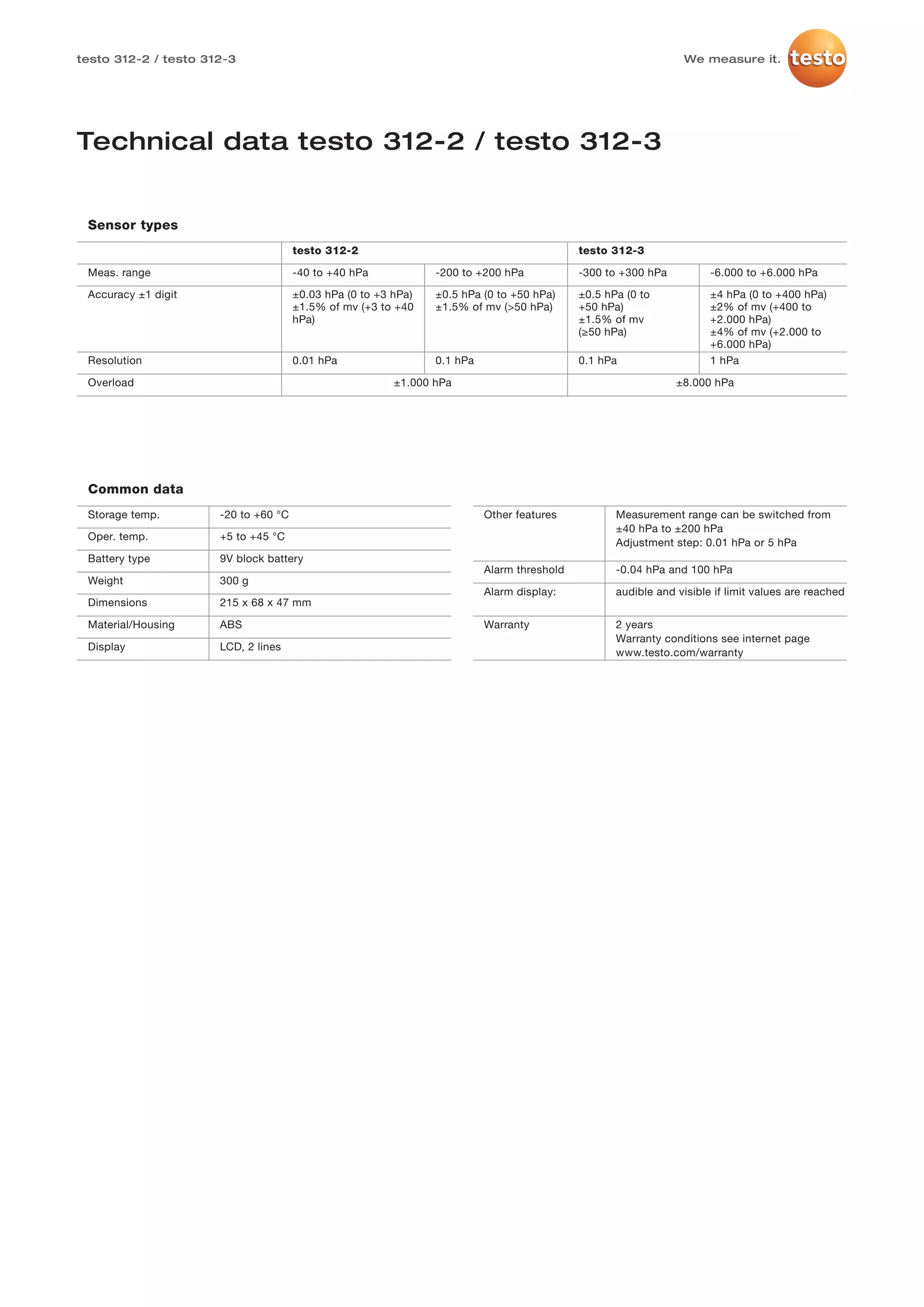 Testo 312 2 3-4 datasheet 2012 | PDF