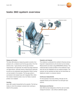testo 360                                                                                          We measure it.




testo 360 system overview


                                                                Printout            Files            Telephone modem




                    O2, CO, NOx, SO2




                    ∆P, mbar

                                                                            Notebook




                    m/s, t/y

                                                                            Analyser box




                               Test gas




Design and Function                                             Operation and Analysis
The testo 360 reference measuring system consists of an         The notebook is protected from ambient influences during
analyser unit, a notebook and the flue gas probe. All of the    long-term measurements by the lid which can be locked.
sensors (max. 7 gas sensors), the flue gas moisture             Measurements are taken using WINDOWS® software. The
measurement unit (optional), the measuring range extension      measured data is saved as ASCII on the notebook’s hard
unit (gas dilution, optional) velocity measurement (optional)   disk and can be integrated into any analysis program. The
as well as a low absorption gas preparation Peltier cooling     analyser can be operated and data can be transmitted via
unit are located in the analyser. The flue gas probe is         telephone modem or computer network.
connected to the heated hose with integrated filter: either
the modular industrial probe or any non-Testo or special        Continuous measurements
probes via an adapter.                                          For the purpose of accuracy testing, test gas can be
                                                                supplied directly to the instrument via a test gas input
Handling                                                        (option).
testo 360 is easily transported by the operator. The fold-up
trolley on which the analyser is placed when working is         Maintenance and Service
ideal for this purpose.                                         testo 360 has been designed so that the user can easily
                                                                change the sensors – also without calibration gases.
 