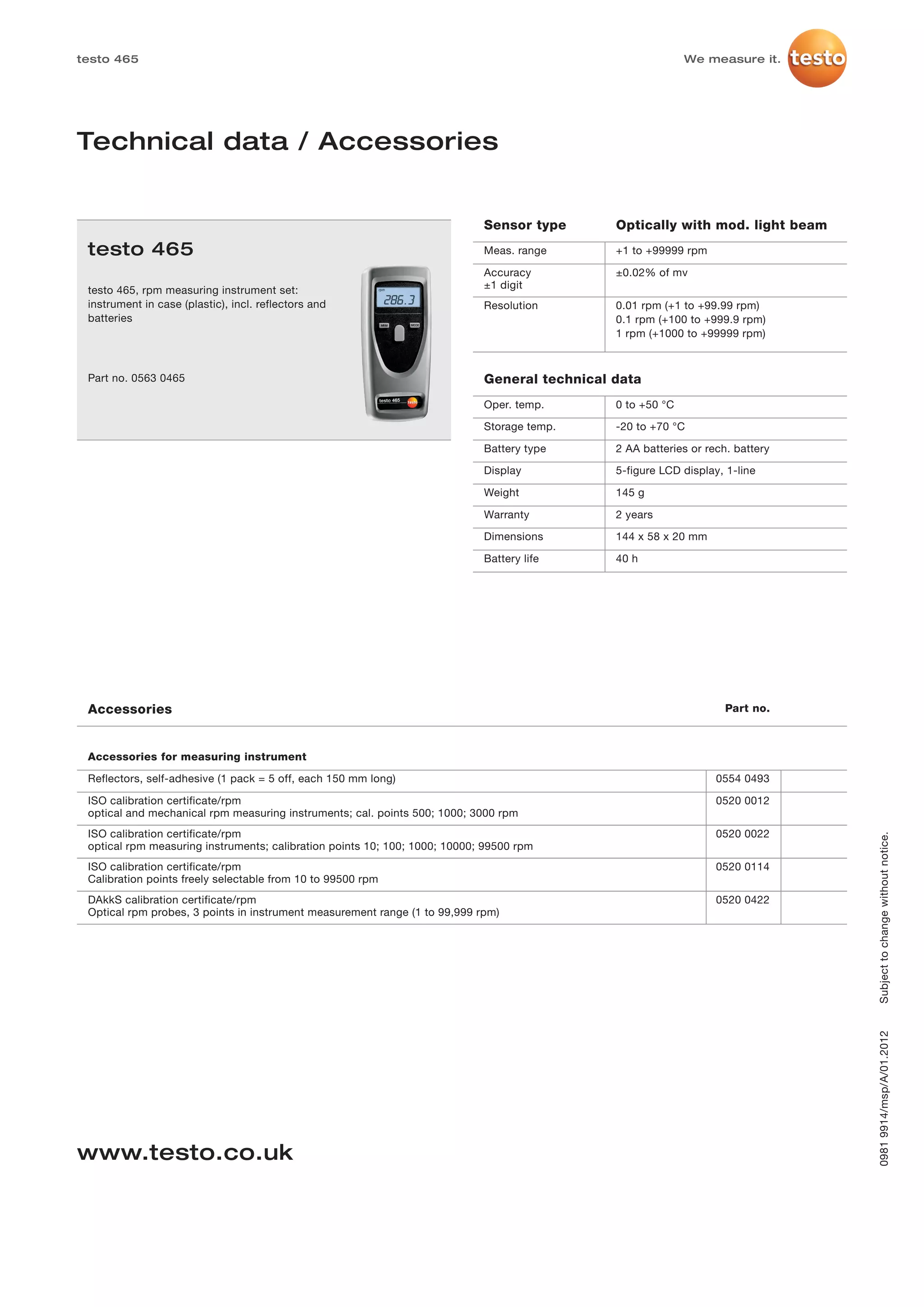 Testo 465 datasheet 2012 | PDF
