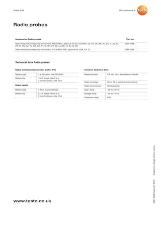 testo 635                                                                                                             We measure it.




Radio probes


 Accessories Radio probes                                                                                                  Part no.

 Radio module for measuring instrument, 869.85 MHz, approval for the countries: DE, FR, UK, BE, NL, ES, IT, SE, AT,       0554 0188
 DK, FI, HU, CZ, PL, GR, CH, PT, SI, MT, CY, SK, LU, EE, LT, IE, LV, NO
 Radio module for measuring instrument, 915.00 MHz FSK, approval for USA, CA, CL                                          0554 0190




 Technical data Radio probes


 Radio immersion/penetration probe, NTC                                      Common Technical Data

 Battery type             2 x 3V button cell (CR 2032)                       Measuring rate           0.5 s or 10 s, adjustable on handle

 Battery life             150 h (meas. rate 0.5 s)
                          2 months (meas. rate 10 s)
                                                                             Radio coverage           Up to 20 m (without obstructions)
 Radio handle                                                                Radio transmission       Unidirectional

 Battery type             2 AAA micro batteries                              Oper. temp.              -20 to +50 °C

 Battery life             215 h (meas. rate 0.5 s)                           Storage temp.            -40 to +70 °C
                          6 months (meas. rate 10 s)
                                                                             Protection class         IP54




                                                                                                                                            Subject to change without notice.
                                                                                                                                            0981 9624/msp/A/01.2012




www.testo.co.uk
 
