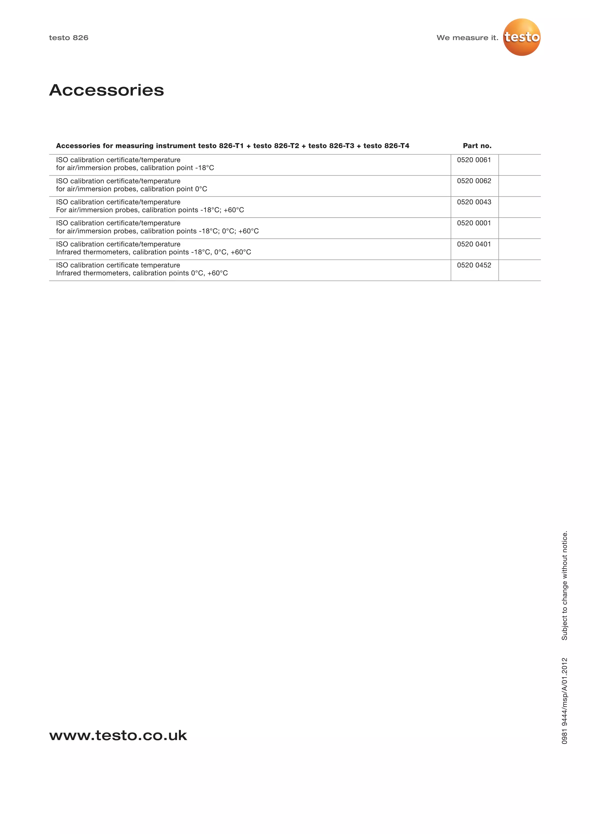 testo 826                                                                                         We measure it.




Accessories


 Accessories for measuring instrument testo 826-T1 + testo 826-T2 + testo 826-T3 + testo 826-T4        Part no.

 ISO calibration certificate/temperature                                                              0520 0061
 for air/immersion probes, calibration point -18°C
 ISO calibration certificate/temperature                                                              0520 0062
 for air/immersion probes, calibration point 0°C
 ISO calibration certificate/temperature                                                              0520 0043
 For air/immersion probes, calibration points -18°C; +60°C
 ISO calibration certificate/temperature                                                              0520 0001
 for air/immersion probes, calibration points -18°C; 0°C; +60°C
 ISO calibration certificate/temperature                                                              0520 0401
 Infrared thermometers, calibration points -18°C, 0°C, +60°C
 ISO calibration certificate temperature                                                              0520 0452
 Infrared thermometers, calibration points 0°C, +60°C




                                                                                                                   Subject to change without notice.
                                                                                                                   0981 9444/msp/A/01.2012




www.testo.co.uk
 